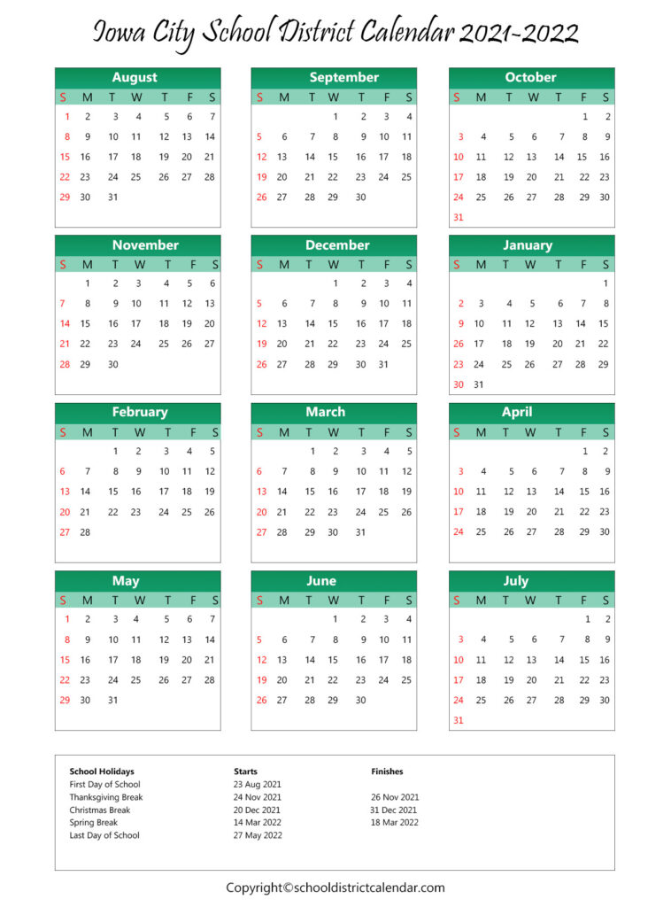 Iowa City School District Calendar Holidays 20212022