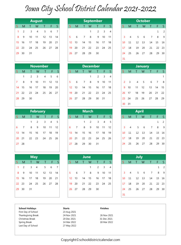 Iowa City School District Calendar Holidays 20212022