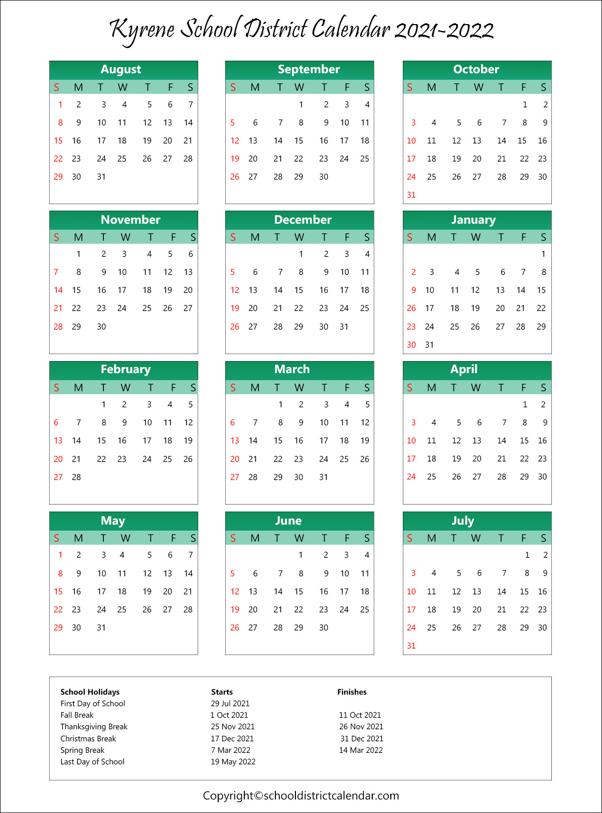 Kyrene School District Calendar Holidays 2021-2022