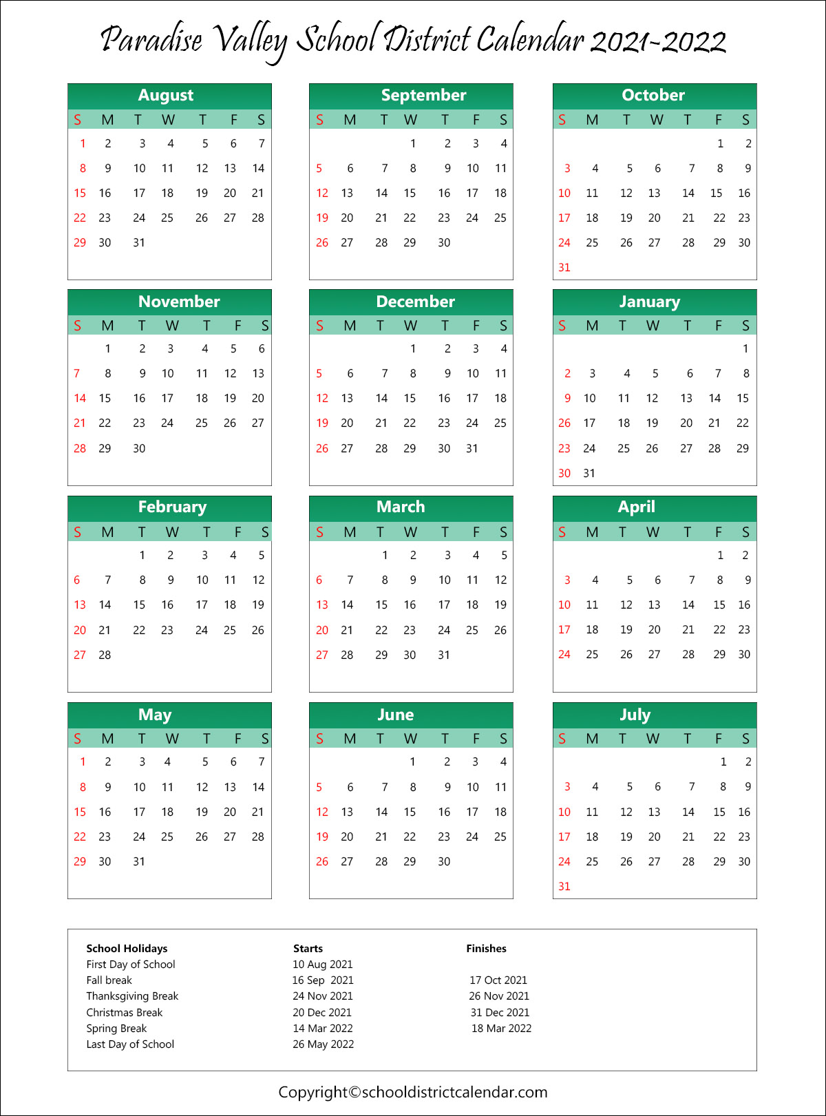 Paradise Valley Unified School District, Arizona Calendar Holidays 2021