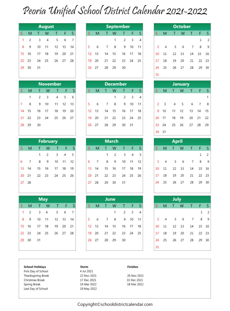 Peoria Unified School District Calendar Holidays 20212022