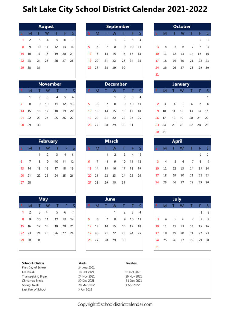 Salt Lake City School District Calendar Holidays 2021-2022