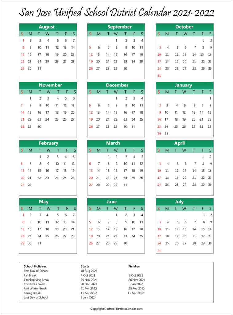 San Jose Unified School District Calendar Holidays 2021-2022