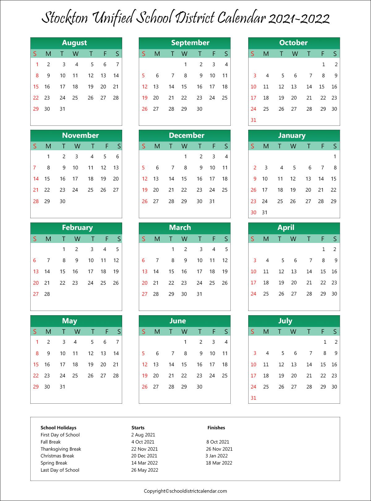 Stockton Unified School District, California Calendar Holidays 2021