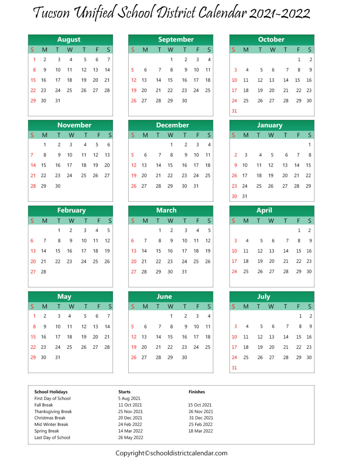 Tucson Unified School District Calendar Holidays 20212022