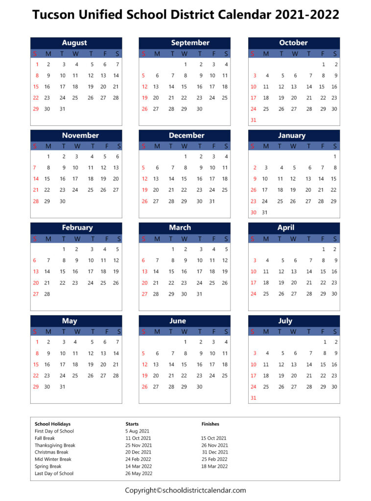 Tucson Unified School District Calendar Holidays 2021-2022