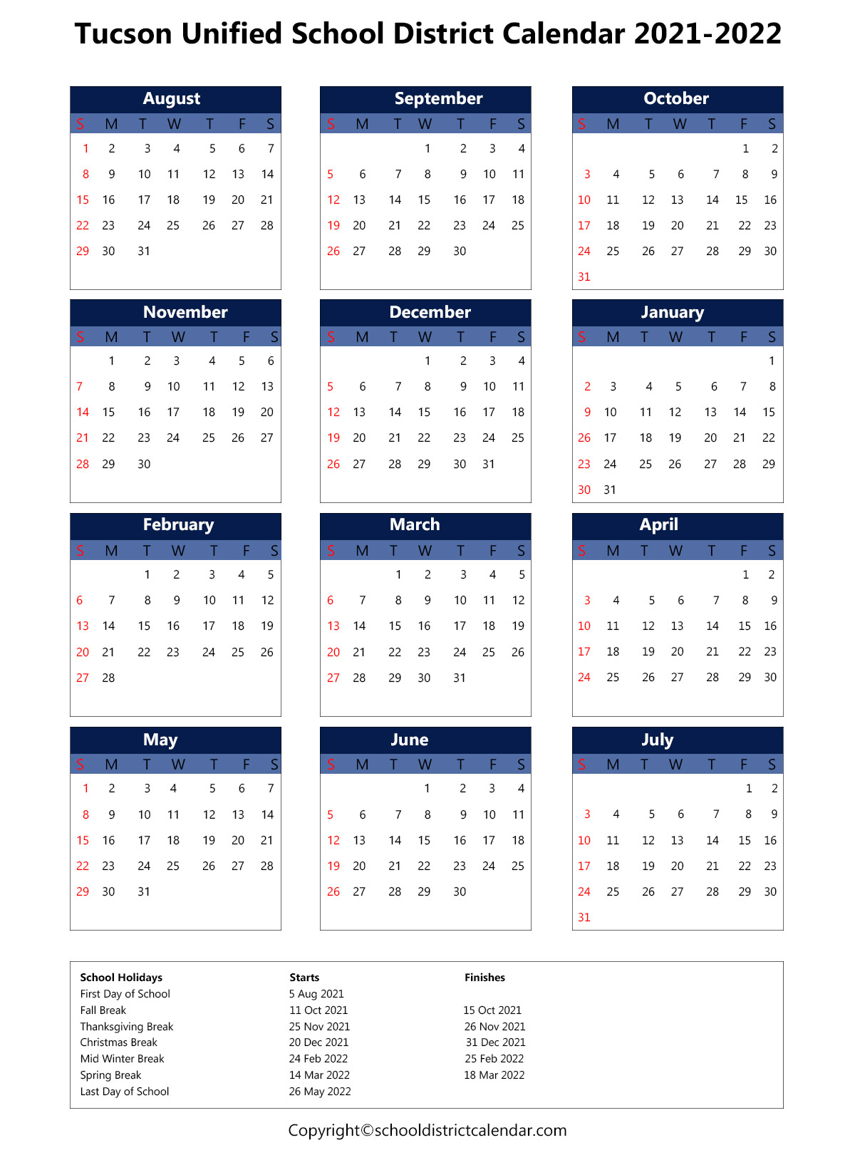 Tusd Calendar 2022 Tucson Unified School District Calendar Holidays 2021-2022