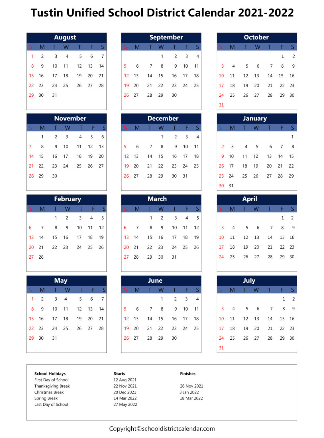 Tustin Unified School District Calendar Holidays 20212022