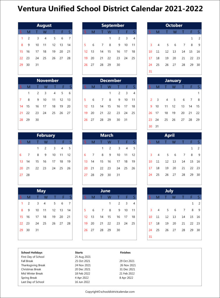 Ventura Unified School District Calendar Holidays 2021-2022