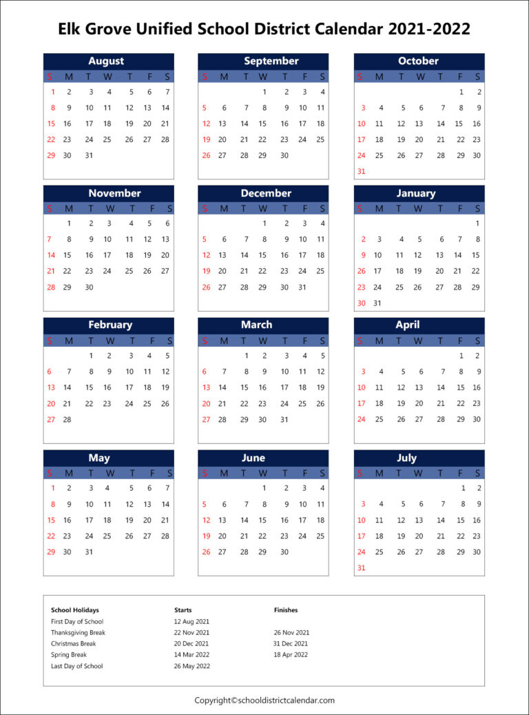 Elk Grove Unified School District Calendar Holidays 20212022