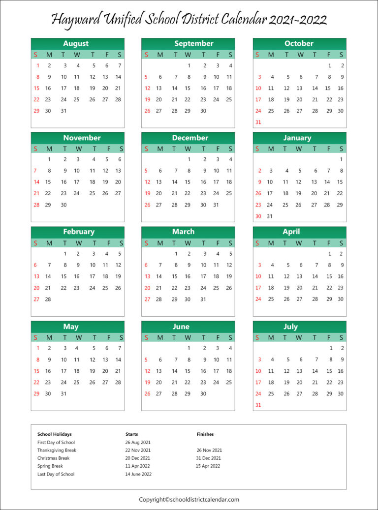 Hayward Unified School District Calendar Holidays 20212022