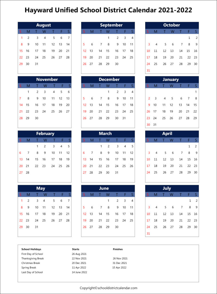 Hayward Unified School District Calendar Holidays 20212022