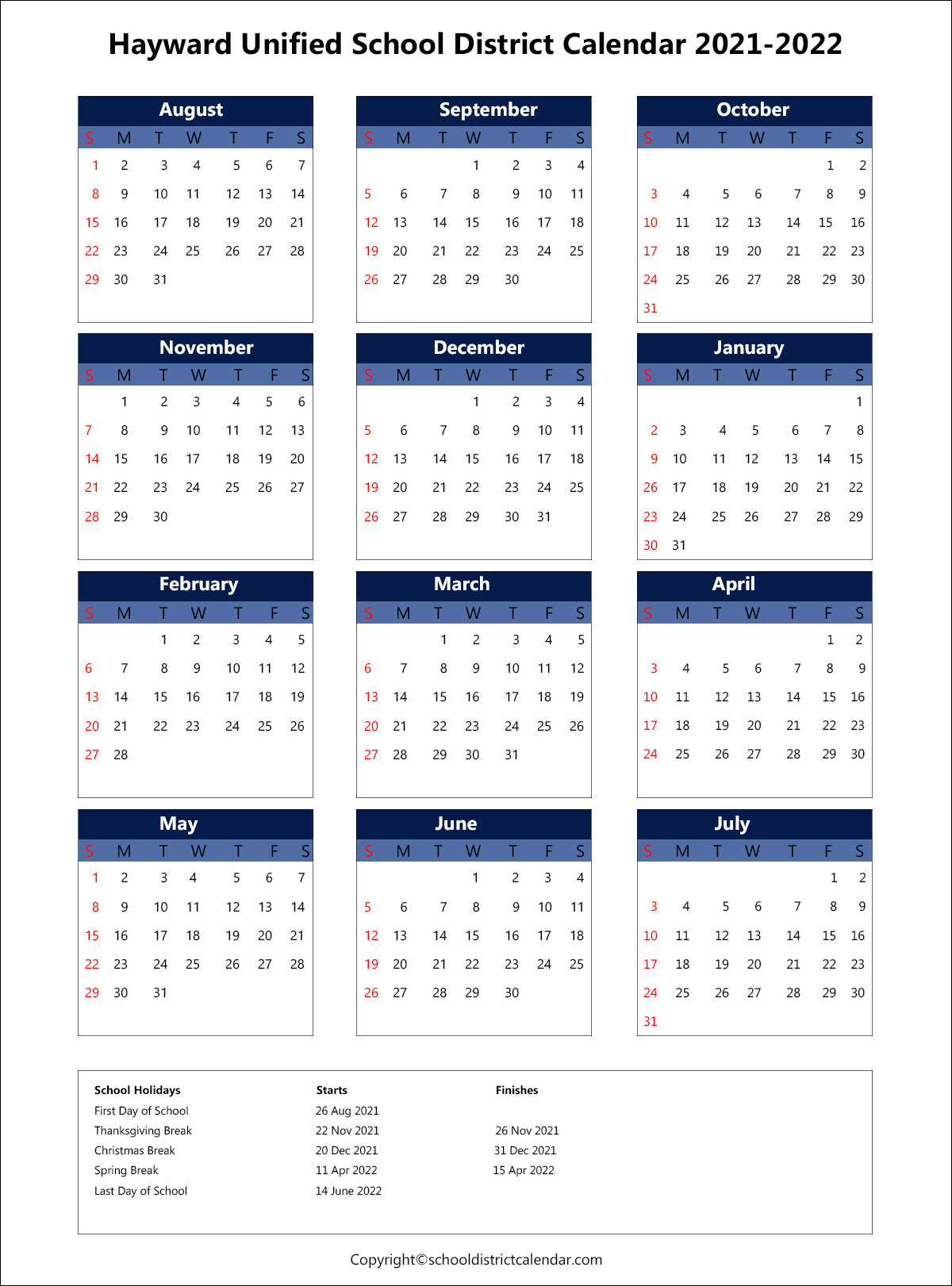 Hayward Unified School District Calendar Holidays 2021 2022