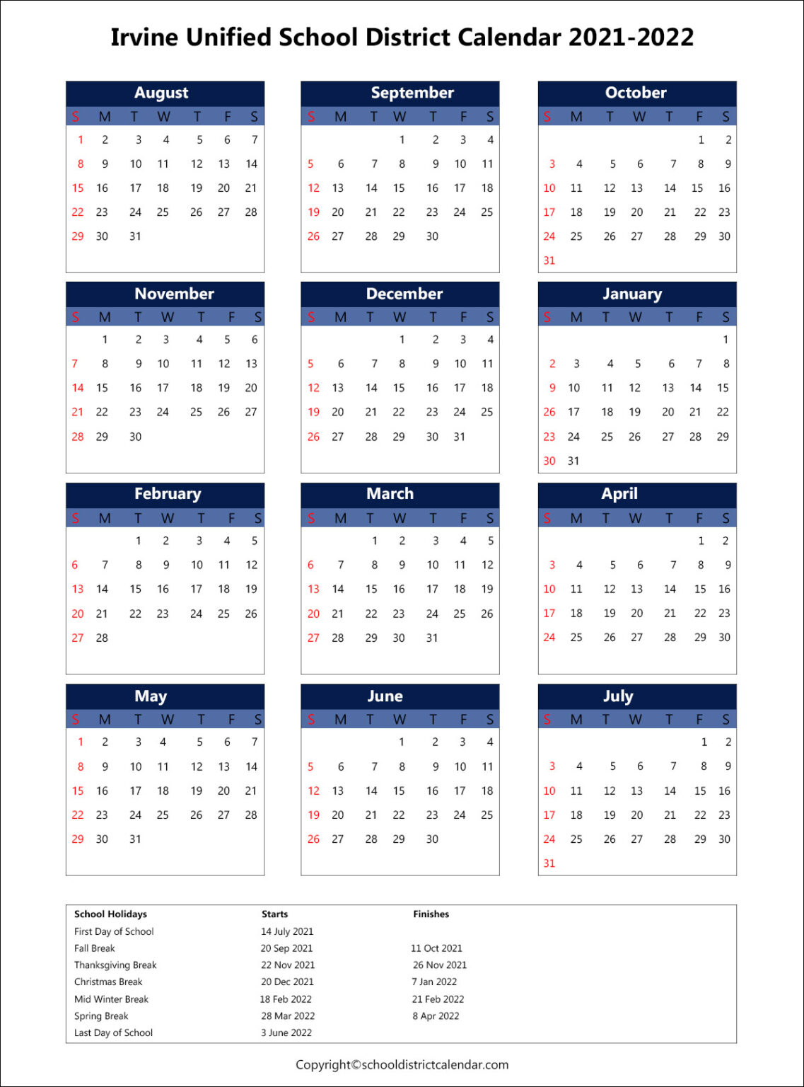 Irvine Unified School District Calendar Holidays 20212022