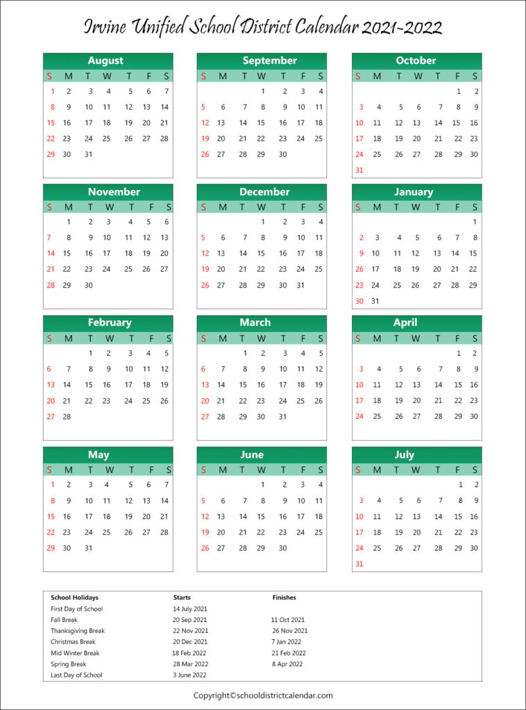 Irvine Unified School District Calendar Holidays 20212022