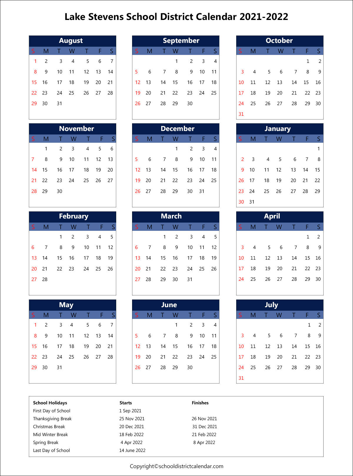 Lake Stevens School District Calendar Holidays 2021 2022