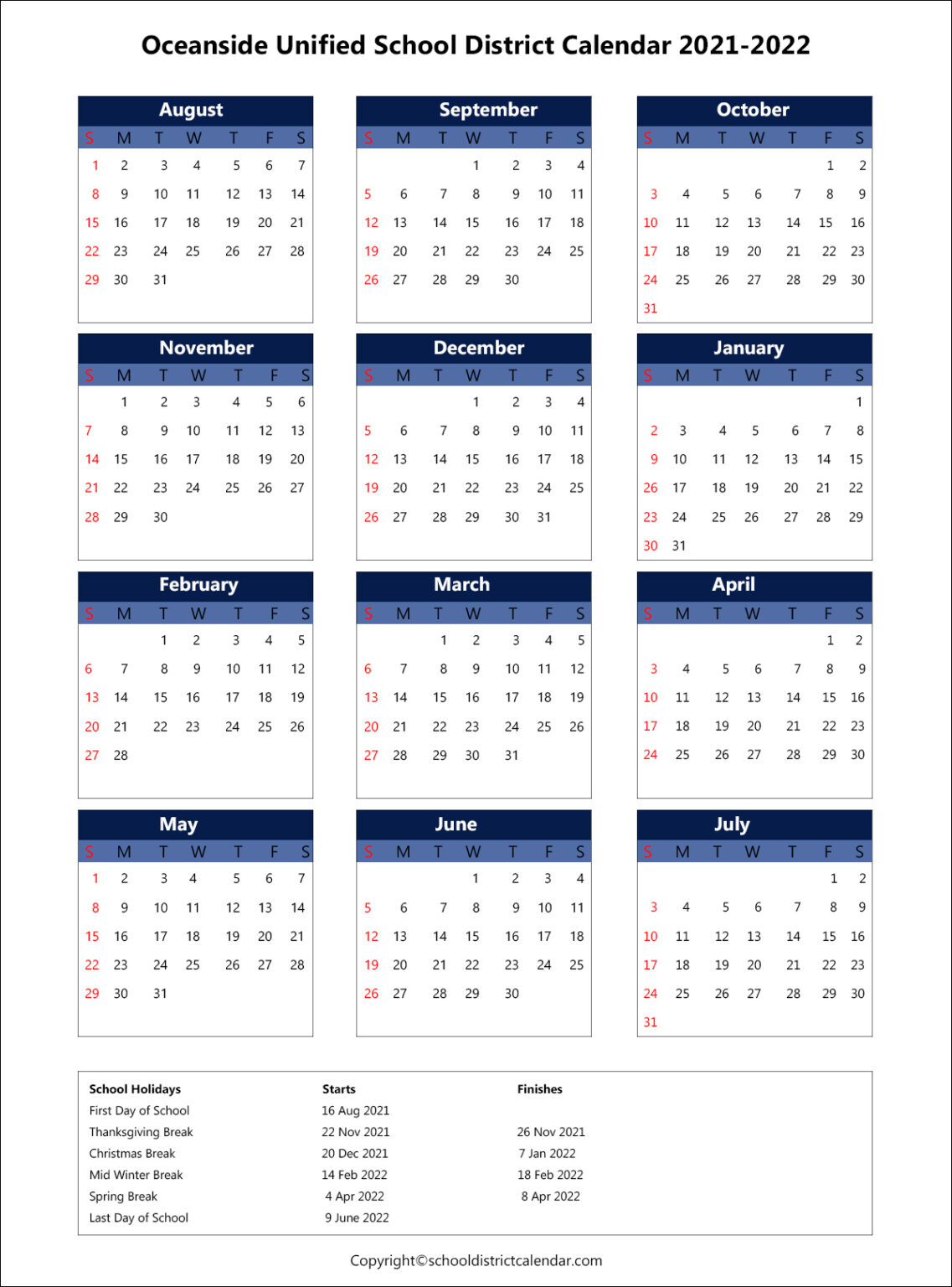 Oceanside Unified School District Calendar Holidays 2021-2022