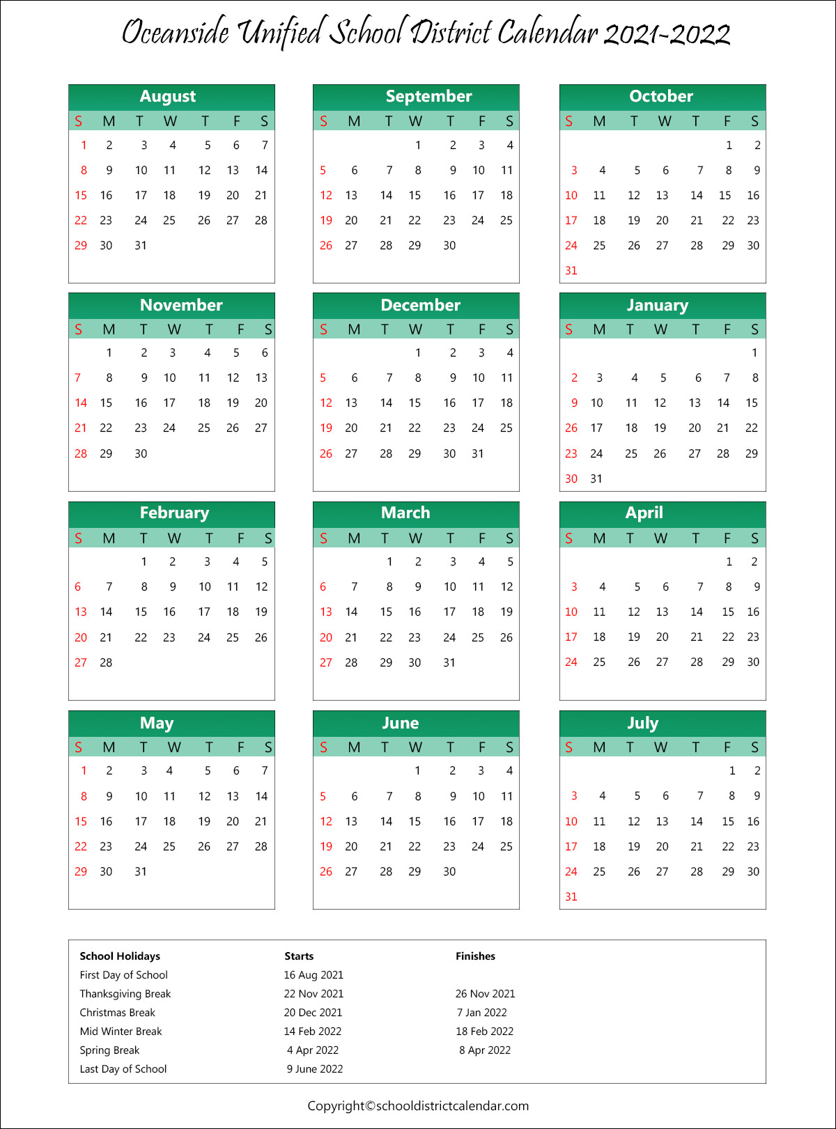 Oceanside Unified School District, California Calendar Holidays 2021