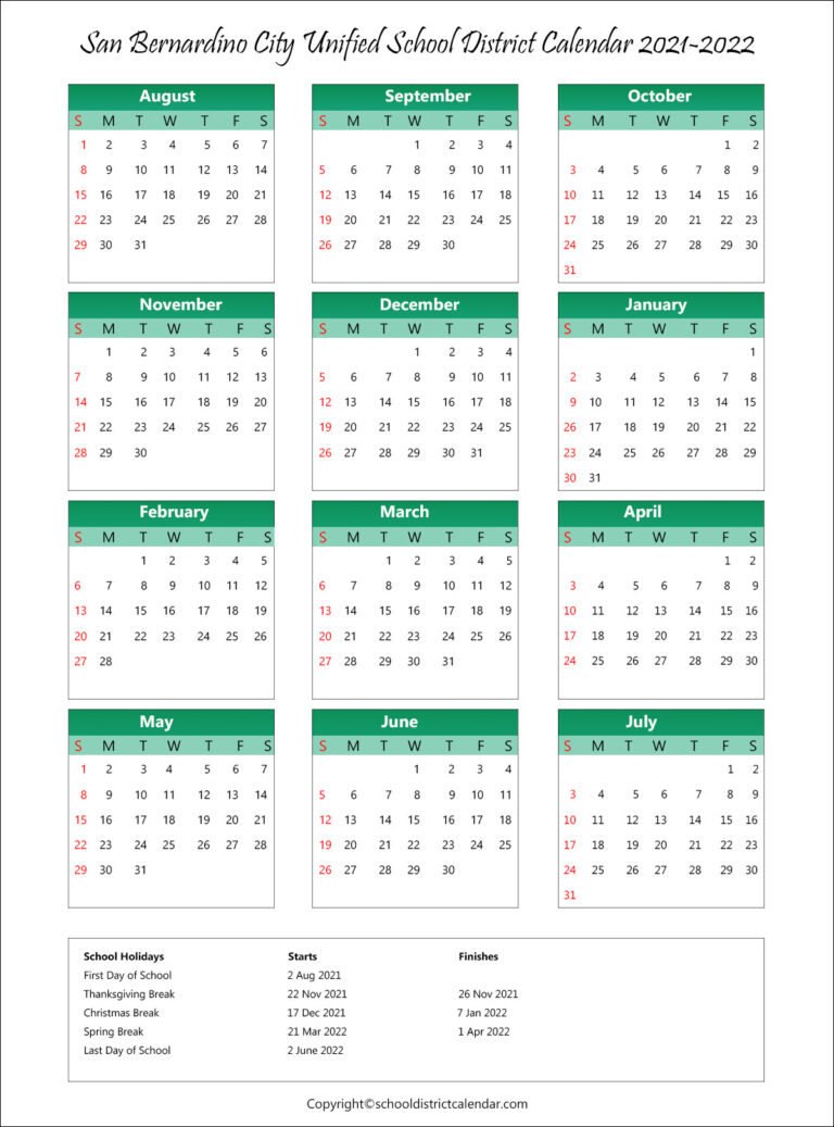 San Bernardino City Unified School District Calendar Holidays 2021-2022