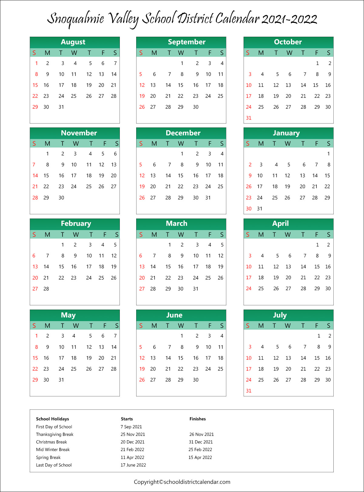 Snoqualmie Valley School District, Washington Calendar Holidays 2021
