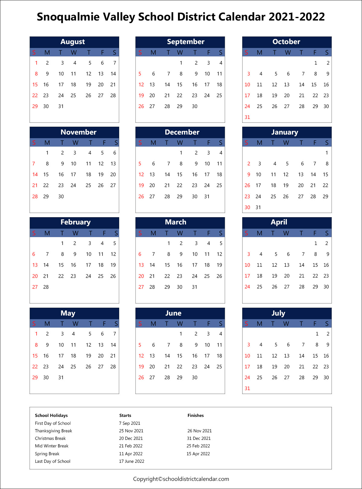 Snoqualmie Valley School District Calendar 2021