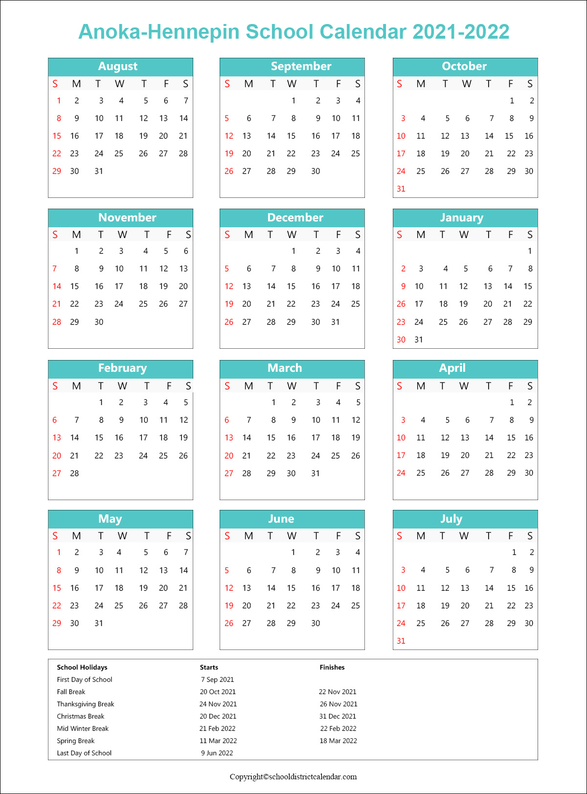 AnokaHennepin School District Calendar Holidays 20212022