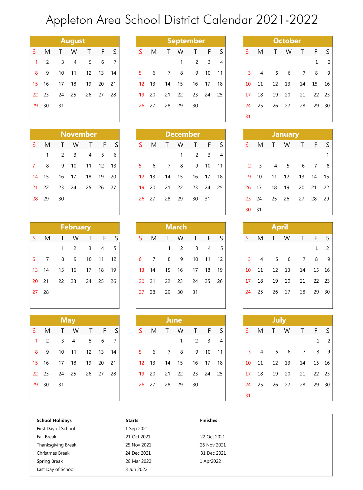 Appleton Area School District Calendar 2021