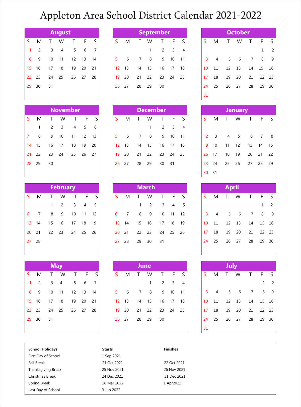 Appleton Area School District, Wisconsin Calendar Holidays 2021