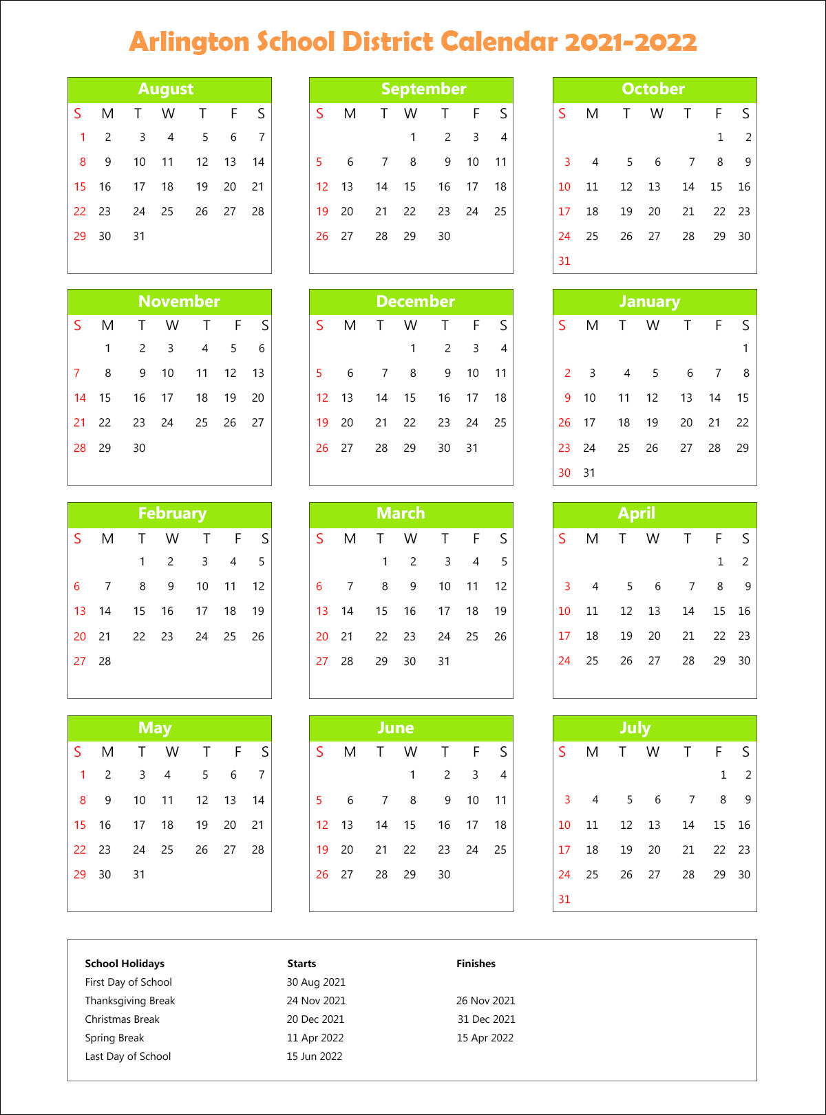 Arlington School District, Washington Calendar Holidays 2021