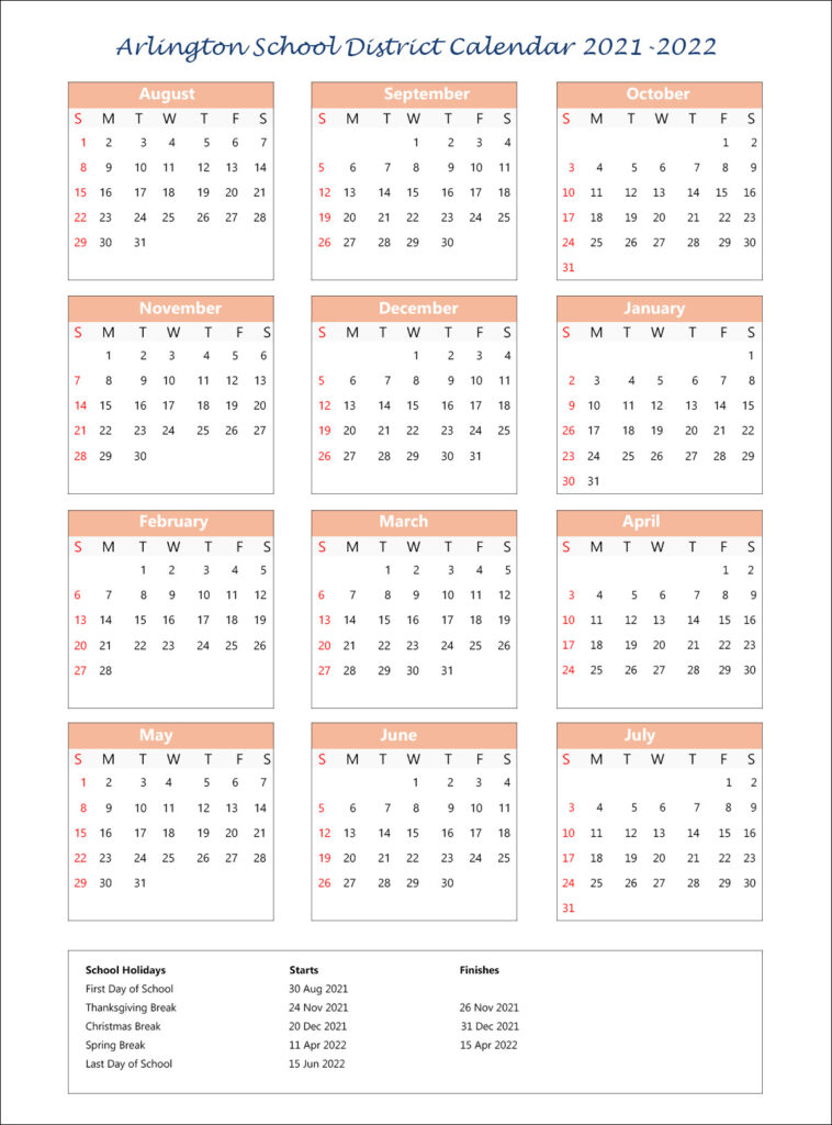 Arlington School District Calendar Holidays 2021 2022