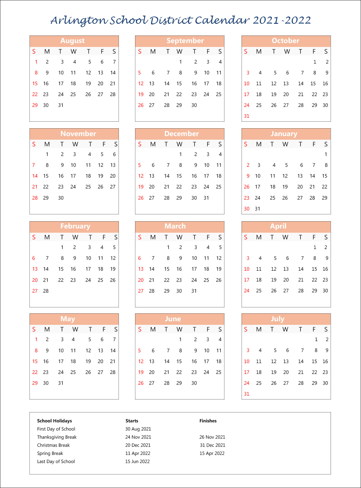 Arlington School District Calendar 2021