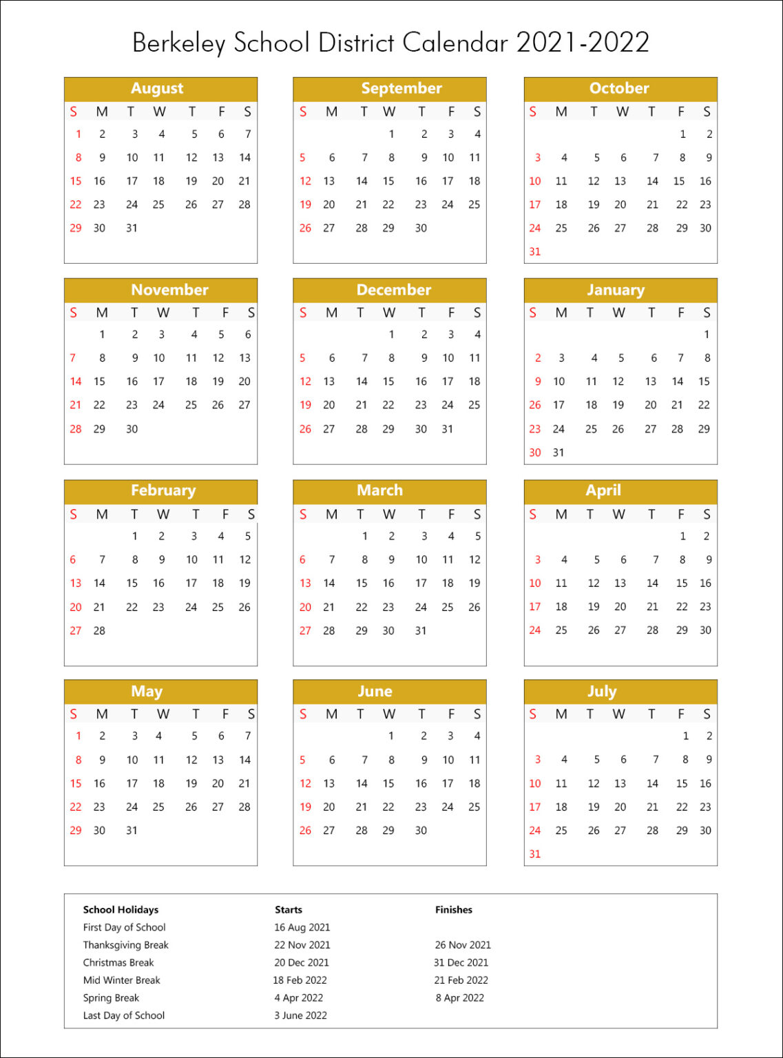 Berkeley Unified School District Calendar Holidays 20212022