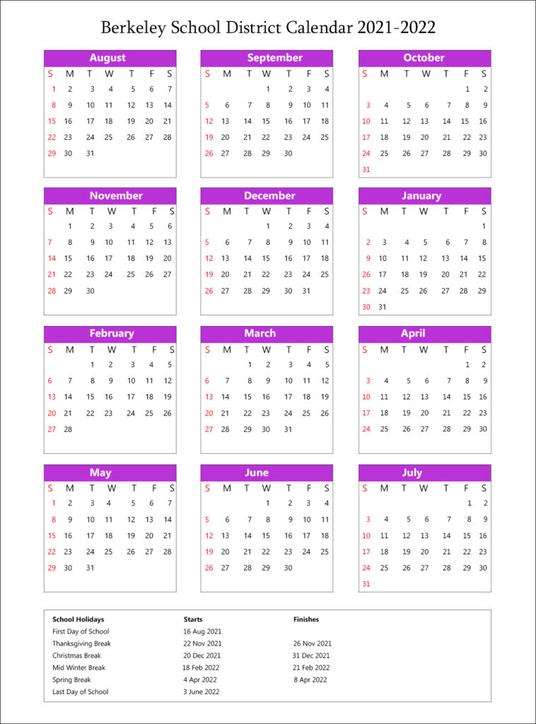 Berkeley Unified School District Calendar Holidays 20212022