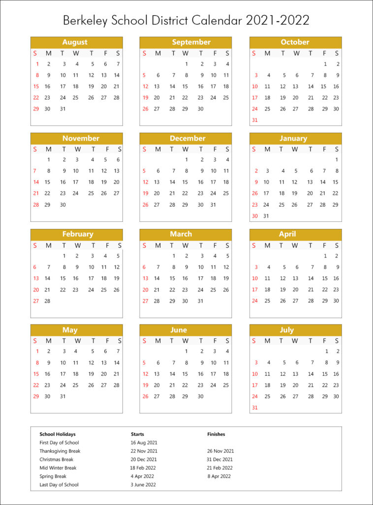 Berkeley Unified School District Calendar Holidays 2021 2022