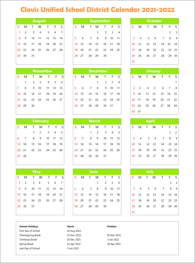 Clovis Unified School District Calendar Holidays 20212022