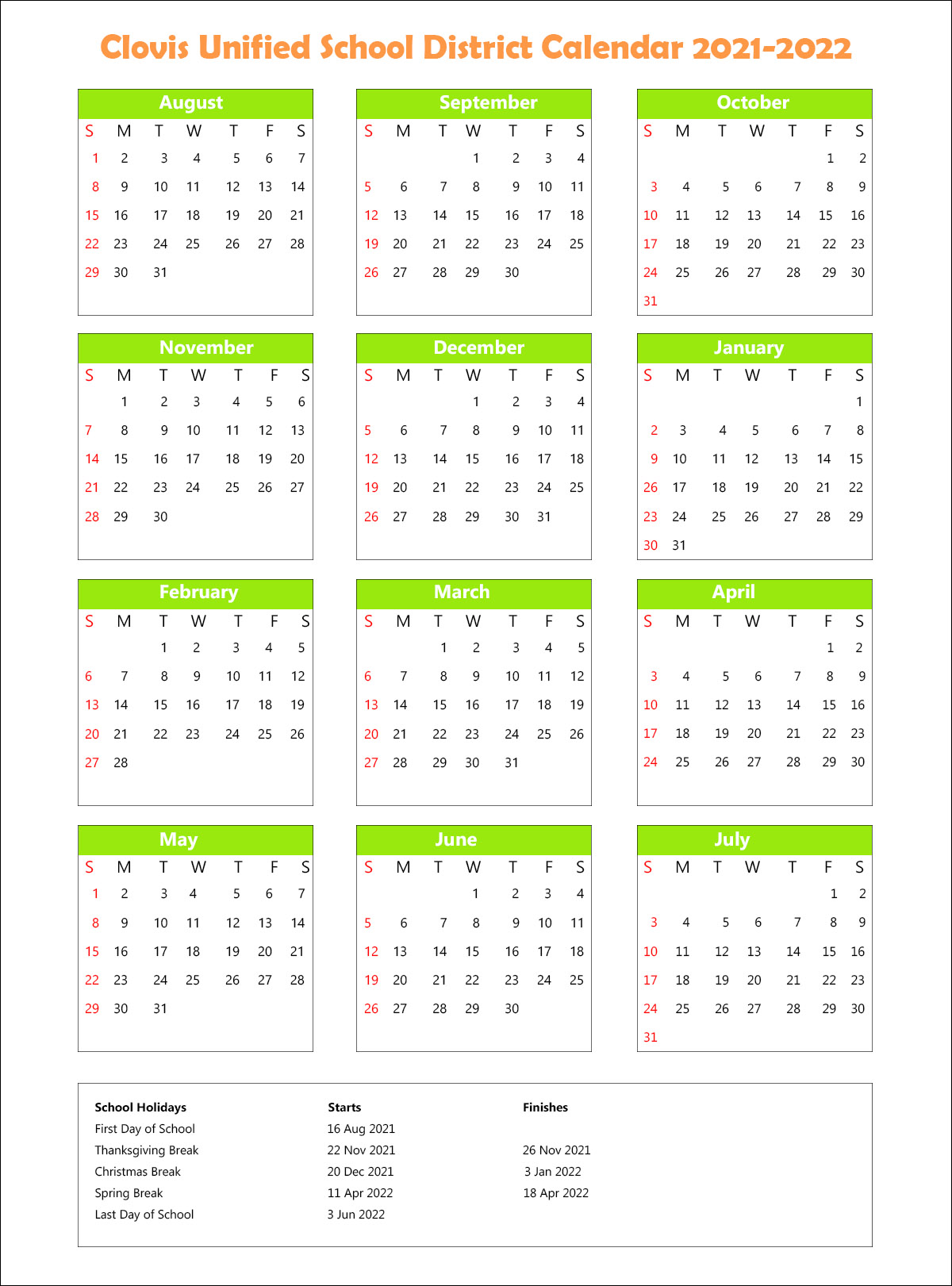 Clovis Unified School District, California Calendar Holidays 2021