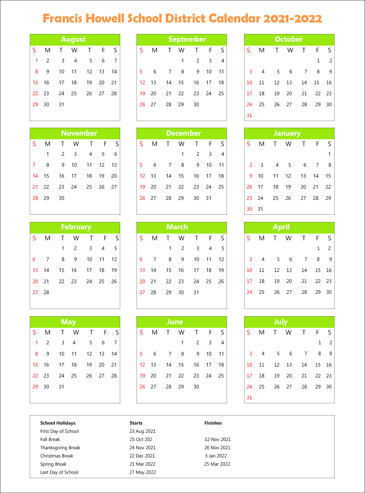Francis Howell School District, Missouri Calendar Holidays 2021
