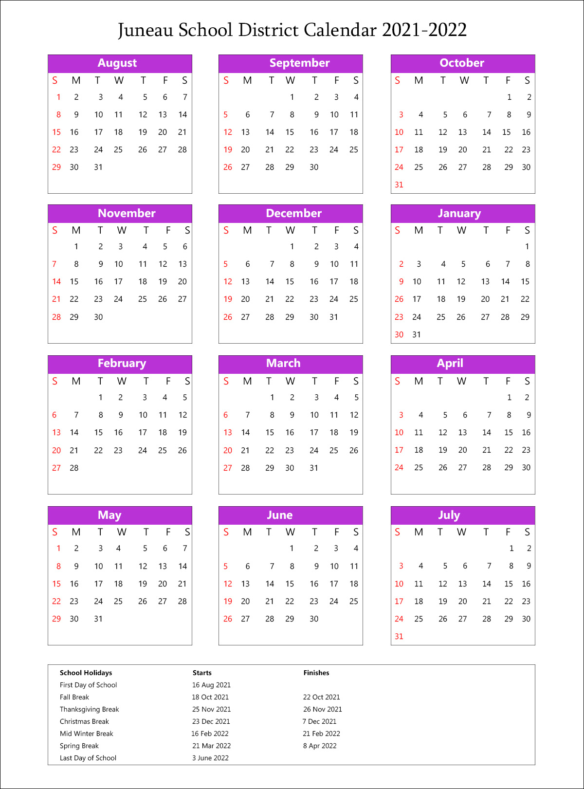 Juneau School District, Alaska Calendar Holidays 2021