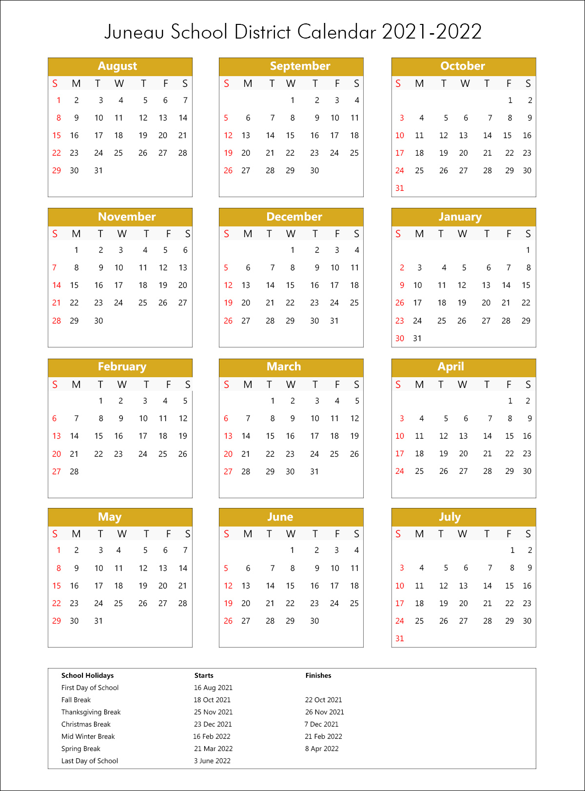 Juneau School District Calendar Holidays 2021 2022