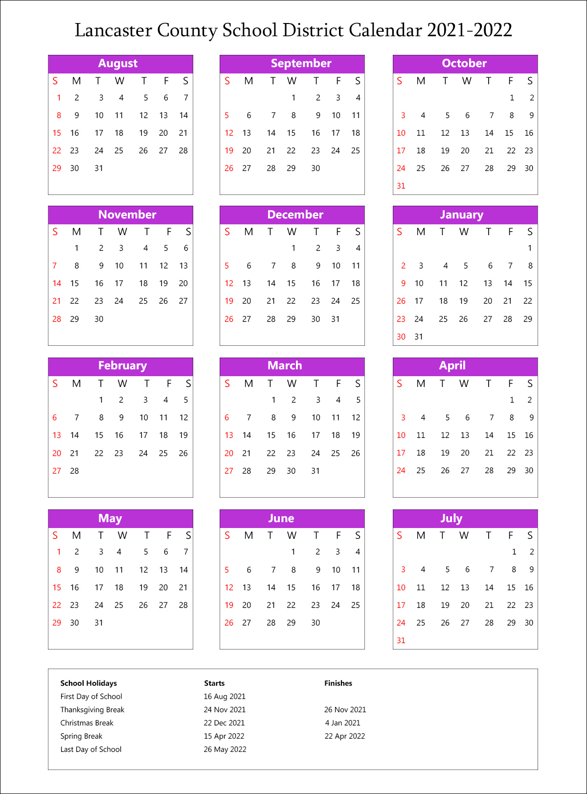 Lancaster School District, California Calendar Holidays 2021