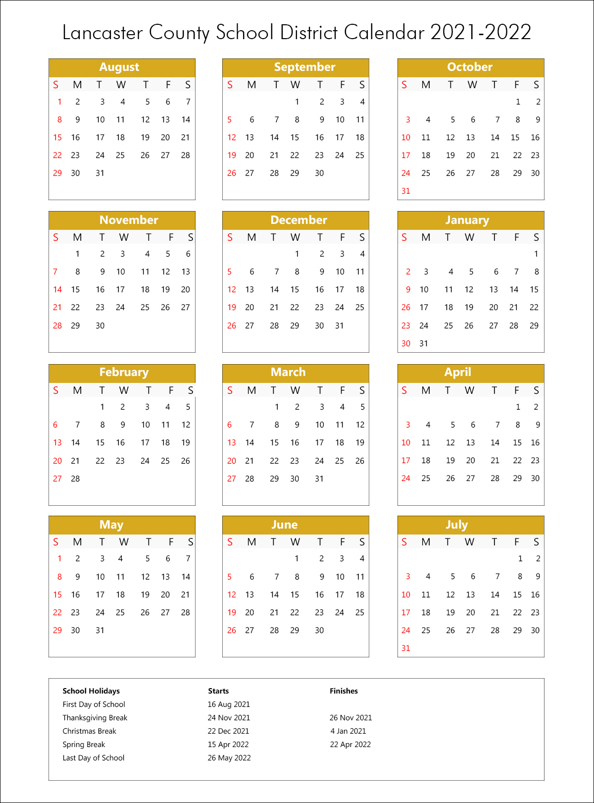 Lancaster School District Calendar 2021