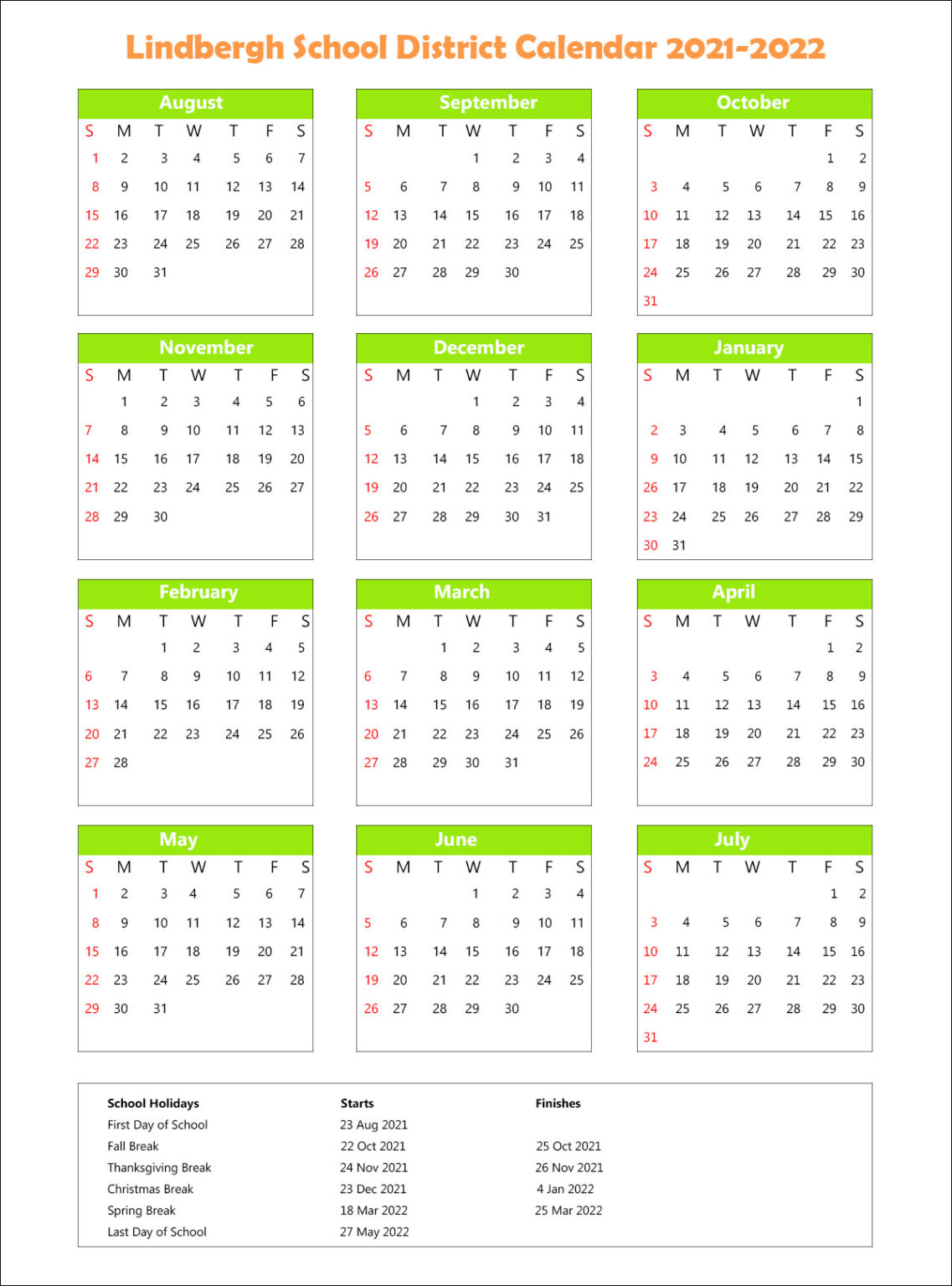 Lindbergh School District Calendar Holidays 2021-2022