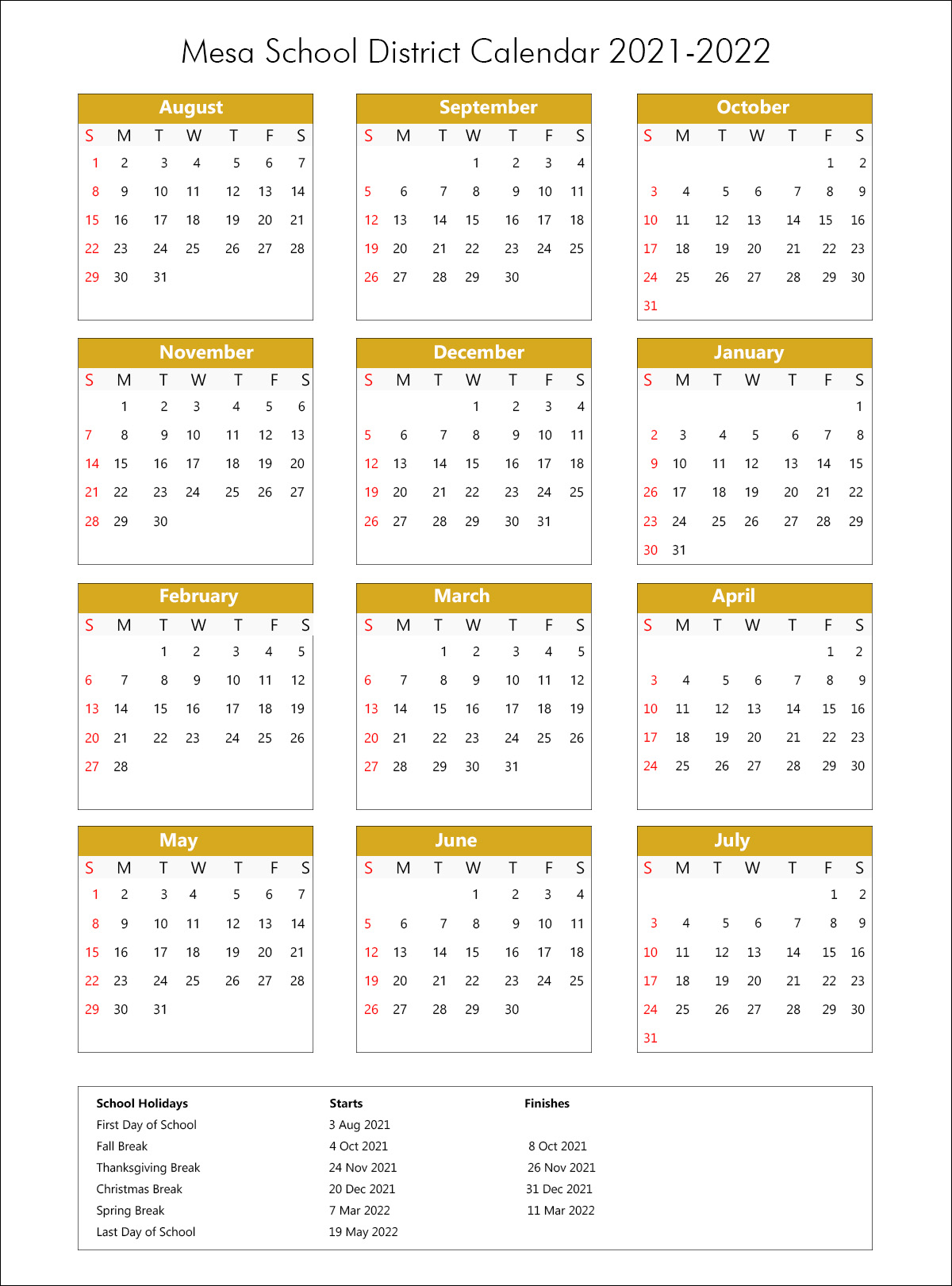Mesa Unified School District Calendar 2021