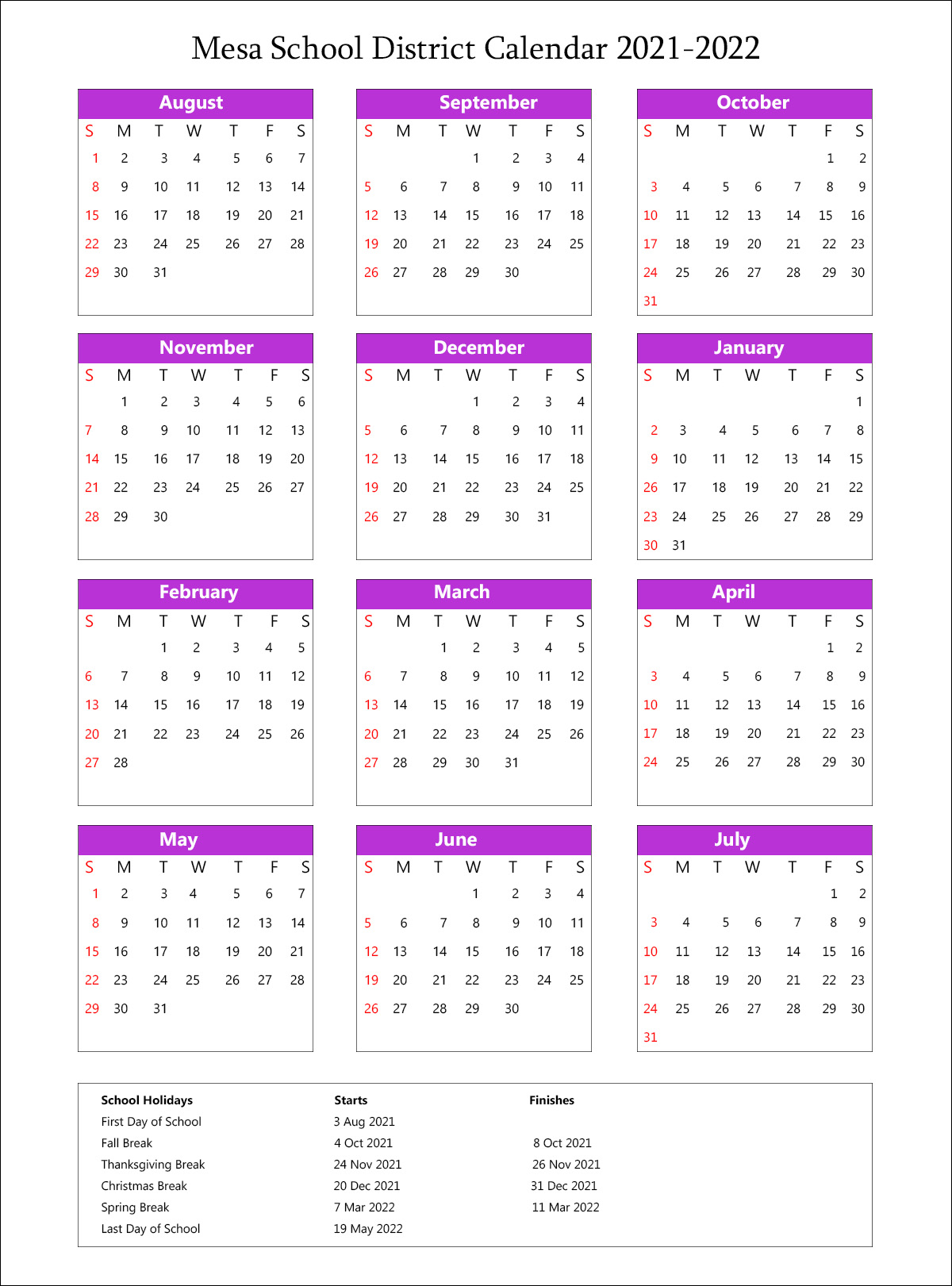 Meca Unified School District, Arizona Calendar Holidays 2021