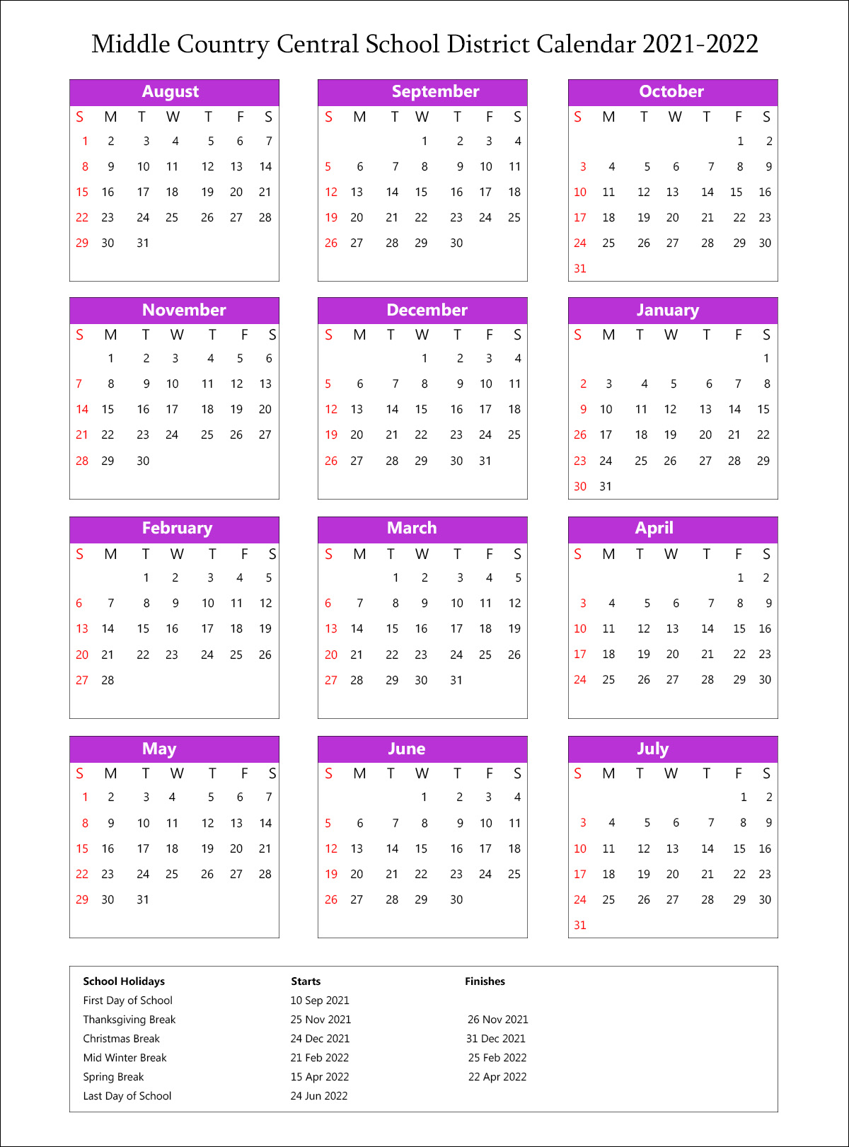 Middle Country Central School District, New York Calendar Holidays 2021