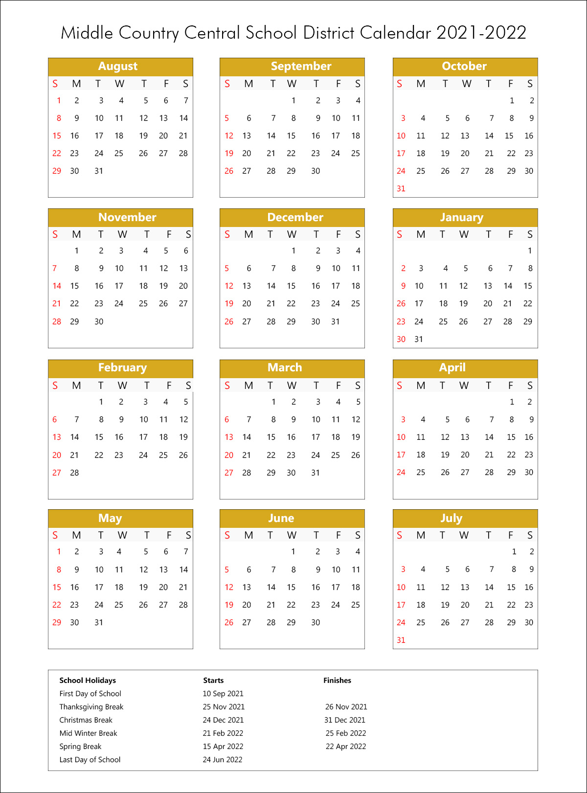 Middle Country Central School District Calendar 2021