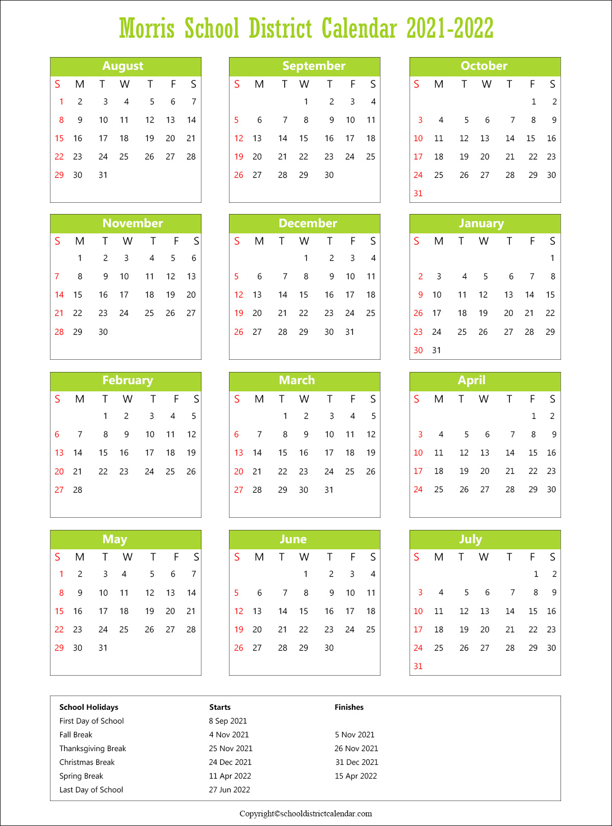 Morris School District, New Jersey Calendar Holidays 2021