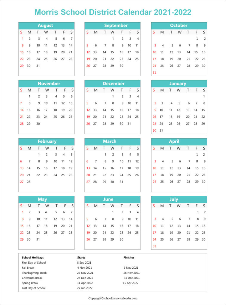 Morris School District Calendar Holidays 2021-2022