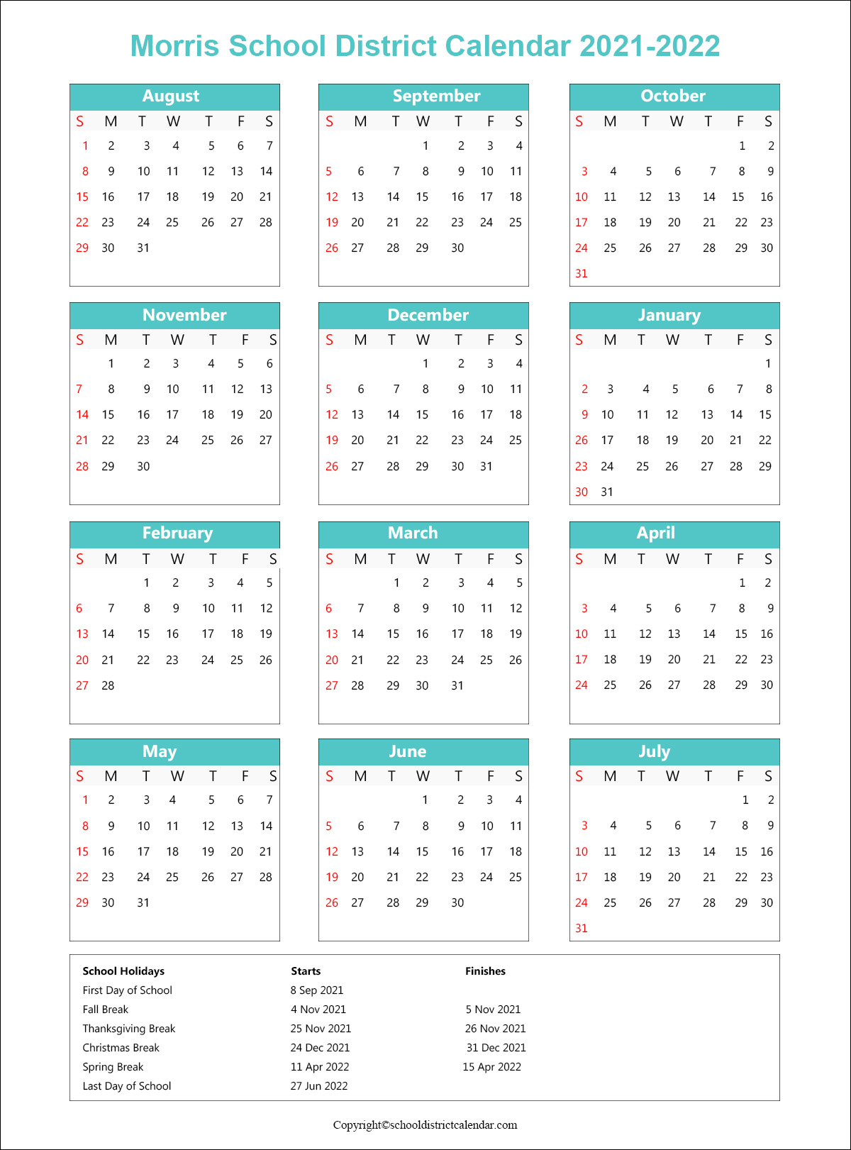 Morris School District Calendar 2021