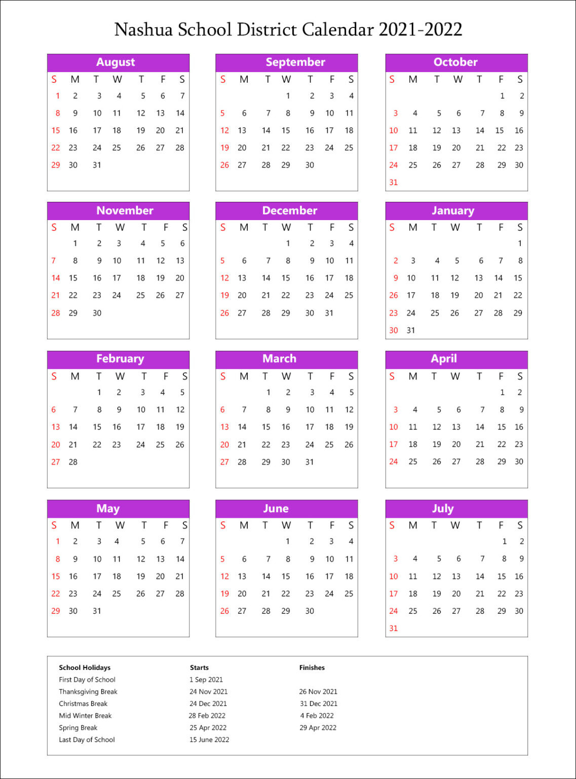 Nashua School District Calendar Holidays 2021-2022